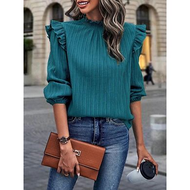 Womens Ruffle Long Sleeve Blouse Elegant Semi-Mock Neck Shirt CausakWork Office Knit Pullover Tops