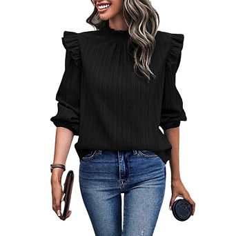 Womens Ruffle Long Sleeve Blouse Elegant Semi-Mock Neck Shirt CausakWork Office Knit Pullover Tops
