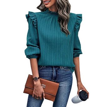 Womens Ruffle Long Sleeve Blouse Elegant Semi-Mock Neck Shirt CausakWork Office Knit Pullover Tops
