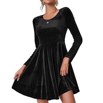 Women's Velvet Fit And Flare Mini Dress Long Sleeve Round Neck Elegant Cocktail Party Dresses