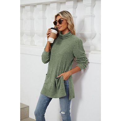 Womens Tunic Tops Turtleneck Long Sleeve Shirts Oversized Fall Blouse Side Split High Low Hemline