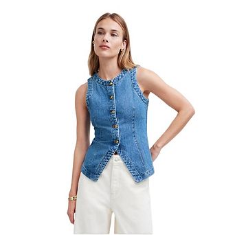 Womens Button Down Denim Vest Tops Sleeveless Fitted Jean Tank Tops Trendy Casual Waistcoat