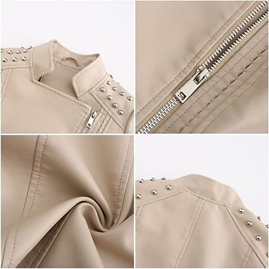 Womens Faux Leather Jacket Collared Long Sleeve Bomber Jacket Fall Causal Zipper Motorcycle Jacket