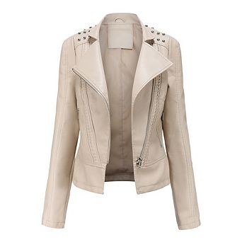 Womens Faux Leather Jacket Collared Long Sleeve Bomber Jacket Fall Causal Zipper Motorcycle Jacket