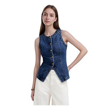 Womens Button Down Denim Vest Tops Sleeveless Fitted Jean Tank Tops Trendy Casual Waistcoat