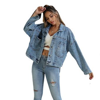Womens Long Sleeve Jean Jacket Frayed Washed Button Up Cropped Casual Loose Denim Jacket with Pocket