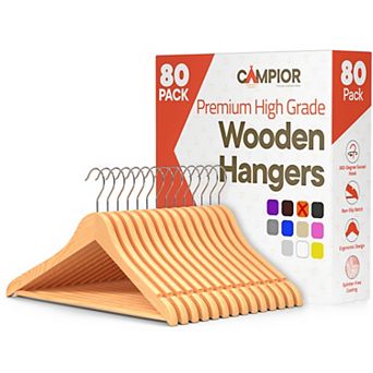 Campior Wooden Hangers Heavy-Duty 360° Swivel Hook Non-Slip Pants Bar Smooth Finish Pack of 80