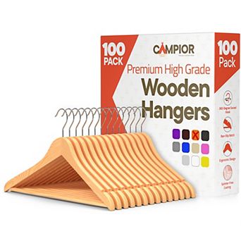 Campior Wooden Hangers Heavy-Duty 360° Swivel Hook Non-Slip Pants Bar Smooth Finish Pack of 100