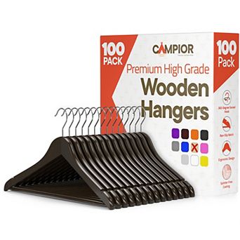 Campior Wooden Hangers Heavy-Duty 360° Swivel Hook Non-Slip Pants Bar Smooth Finish Pack of 100