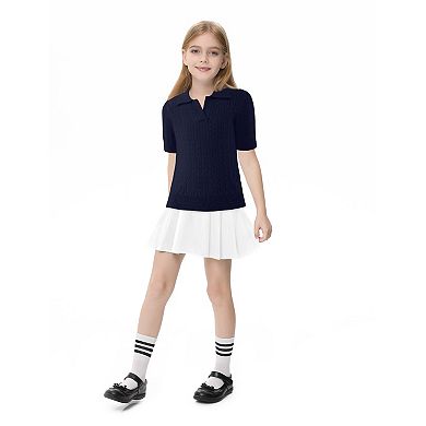 Girls Short Sleeve Cute Sweaters Children Collared Cable Knit School Style Pullover Sweaters
