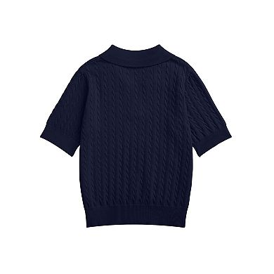 Girls Short Sleeve Cute Sweaters Children Collared Cable Knit School Style Pullover Sweaters