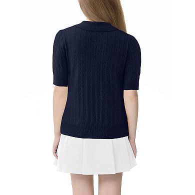 Girls Short Sleeve Cute Sweaters Children Collared Cable Knit School Style Pullover Sweaters