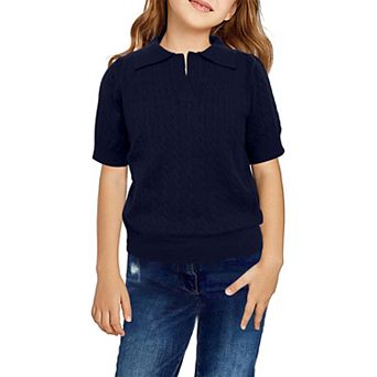 Girls Short Sleeve Cute Sweaters Children Collared Cable Knit School Style Pullover Sweaters
