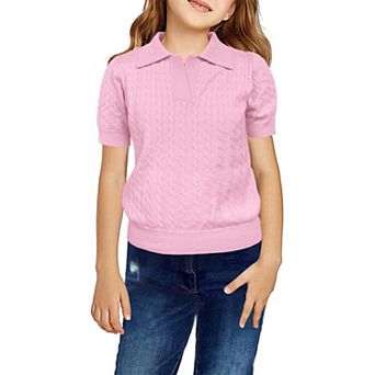 Girls Short Sleeve Cute Sweaters Children Collared Cable Knit School Style Pullover Sweaters