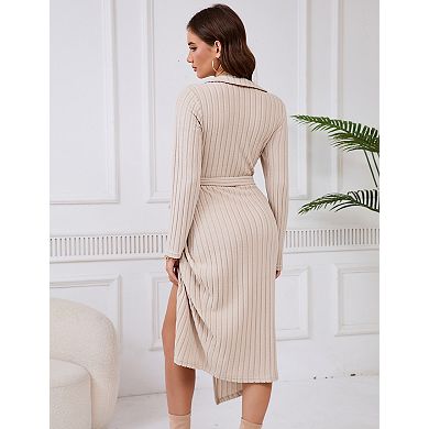 Womens Deep V Neck Collared Sweater Dress Long Sleeve Tie Front Rib Knit Wrap Bodycon Midi Dresses