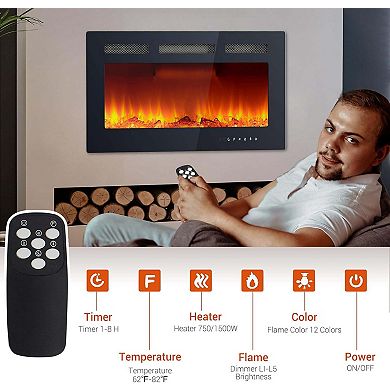 30inch Electric Fireplace Heater 750W/1500W 12-Color Flame Remote and Touch Timer Adjustable