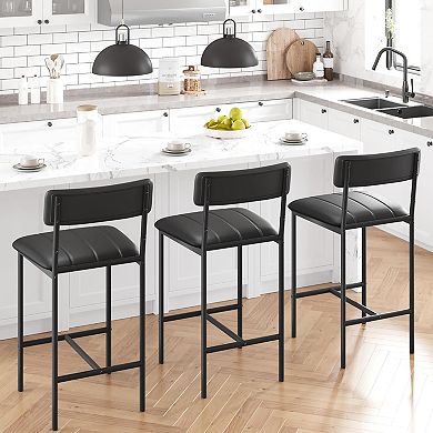 Bar Stools Set of 2 with Footrest & Back, PU Leather Counter Height Stools, Easy Assembly
