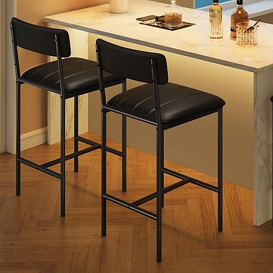 Bar Stools Set of 2 with Footrest & Back, PU Leather Counter Height Stools, Easy Assembly