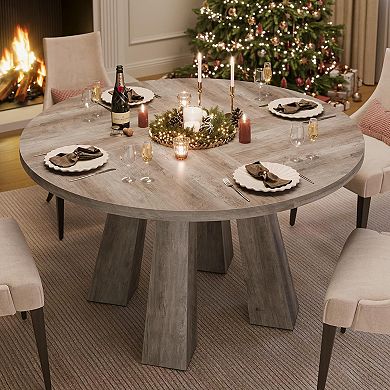 Modern Farmhouse Round Dining Table, Wood for 4-6 People, Space-Saving Design