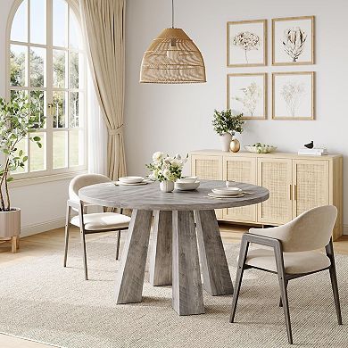 Modern Farmhouse Round Dining Table, Wood for 4-6 People, Space-Saving Design