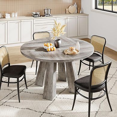 Modern Farmhouse Round Dining Table, Wood for 4-6 People, Space-Saving Design