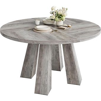 Modern Farmhouse Round Dining Table, Wood for 4-6 People, Space-Saving Design
