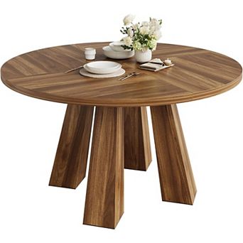 Modern Farmhouse Round Dining Table, Wood for 4-6 People, Space-Saving Design