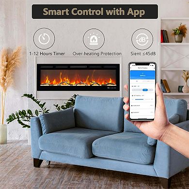 50inch Electric Fireplace Voice and Remote Smart Control 12 Flame Colors Slim Recessed Low Noise