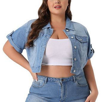 Women's Plus Size Denim Jackets Button Front Work Washed Rolled Sleeves Cropped Jean Jacket