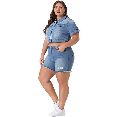 Women's Plus Size Denim Jackets Button Front Work Washed Rolled Sleeves Cropped Jean Jacket