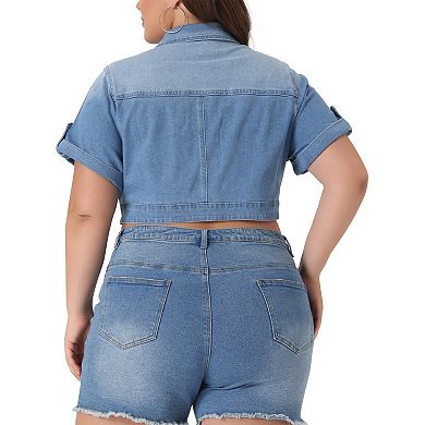 Women's Plus Size Denim Jackets Button Front Work Washed Rolled Sleeves Cropped Jean Jacket