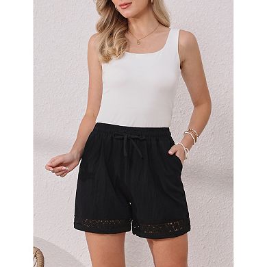 Line Shorts for Women's Casual Summer Elastic High Waisted Drawstring Wide Leg Shorts with Pockets