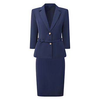 Women's 2 pc Sets Business 3/4 Sleeve Blazer with Belt Pencil Skirt Suit