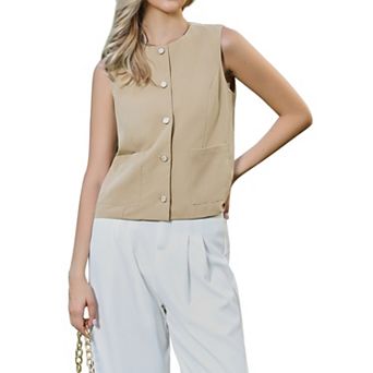 Vest Tops for Women Sleeveless Button Down Crew Neck Trendy Business Casual Waistcoat Top