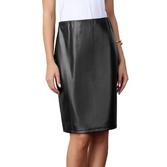 Faux Leather Skirts for Women's PU Elastic High Waist Bodycon Pencil Midi Skirt