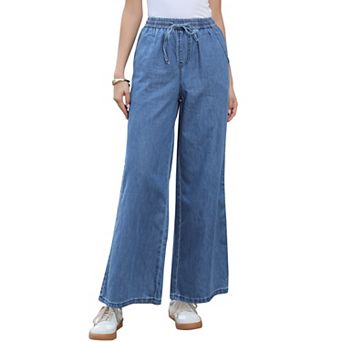 Wide Leg Jeans Women Casual Loose Fit Drawstring High Waisted Elastic Waist Denim Pants with Pockets