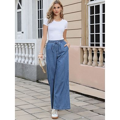 Wide Leg Jeans Women Casual Loose Fit Drawstring High Waisted Elastic ...