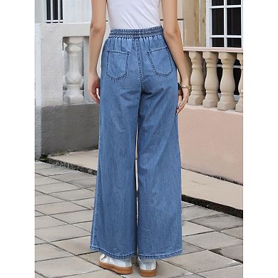 Wide Leg Jeans Women Casual Loose Fit Drawstring High Waisted Elastic ...