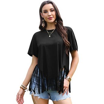 Fringe Tops for Women's Short Sleeve Crew Neck Solid Casual Tassel t Shirts