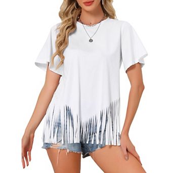 Fringe Tops for Women's Short Sleeve Crew Neck Solid Casual Tassel t Shirts