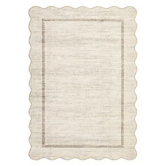 Modern Scalloped Border Area Rug Machine Washable Non Slip Low Pile Minimalist Rug for Living Room