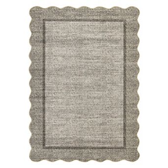 Modern Scalloped Border Area Rug Machine Washable Non Slip Low Pile Minimalist Rug for Living Room