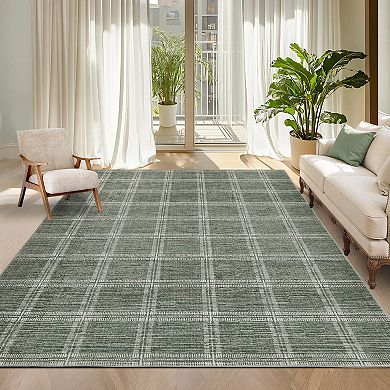 Modern Geometric Plaid Area Rug Machine Washable Low Pile Non Slip Floor Rug for Bedroom Kitchen
