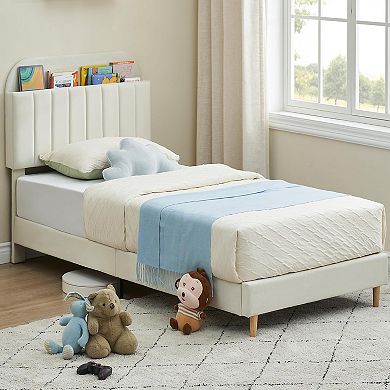 Upholstered Platform Bed Frame with Bookcase Headboard, Velvet Platform Bed Mattress Foundation