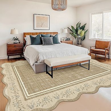 Modern Flower Frame Scalloped Edge Area Rug Non Slip Ultra Thin ...