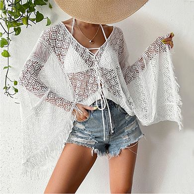 Women's Bell Sleeve Tassel Cover Up Lightweight Beach Sun Jacket Bikini Outerwear