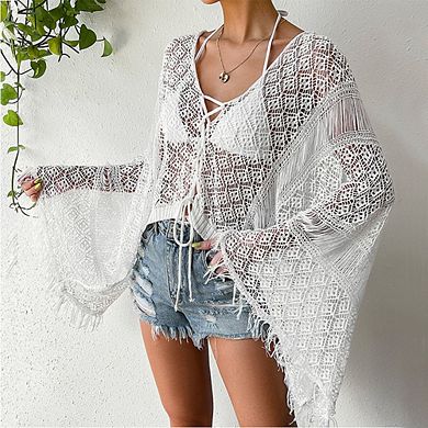 Women's Bell Sleeve Tassel Cover Up Lightweight Beach Sun Jacket Bikini Outerwear