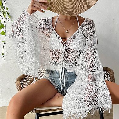 Women's Bell Sleeve Tassel Cover Up Lightweight Beach Sun Jacket Bikini Outerwear