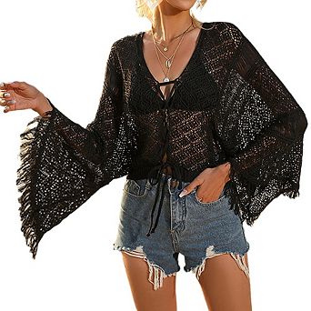Women's Bell Sleeve Tassel Cover Up Lightweight Beach Sun Jacket Bikini Outerwear
