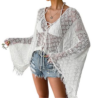 Women's Bell Sleeve Tassel Cover Up Lightweight Beach Sun Jacket Bikini Outerwear